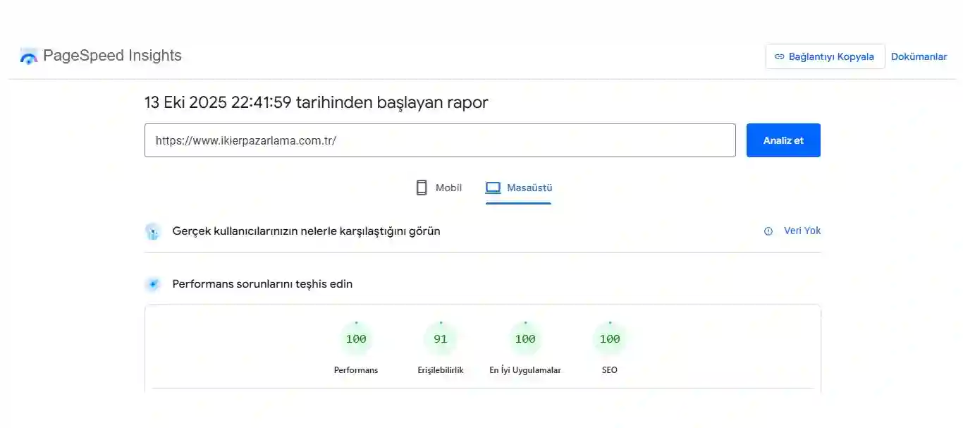ikier pazarlama pagespeed masaüstü